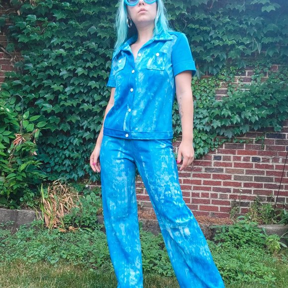 Vintage 70s Blue Tie Dye Polyester Pant Suit - Picture 5 of 11